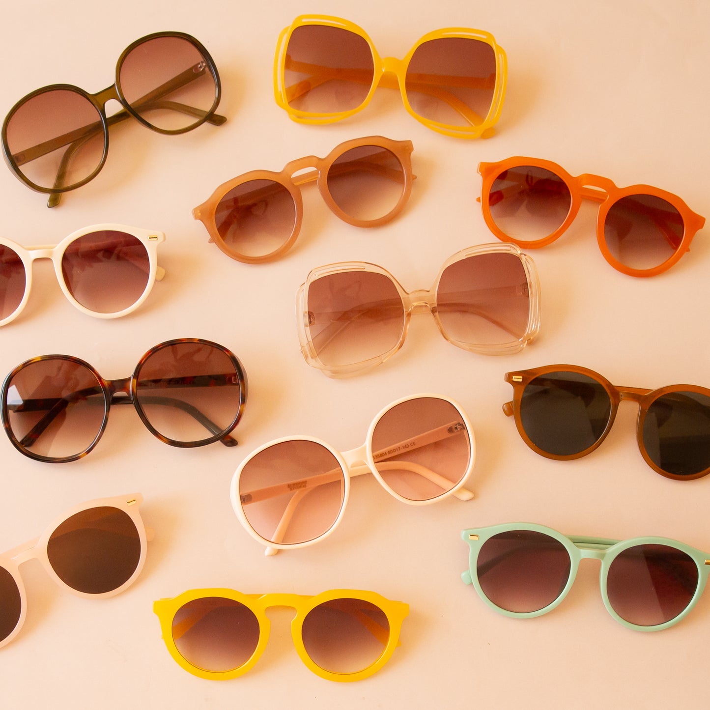 Our sunglasses all laid out amongst each other.
