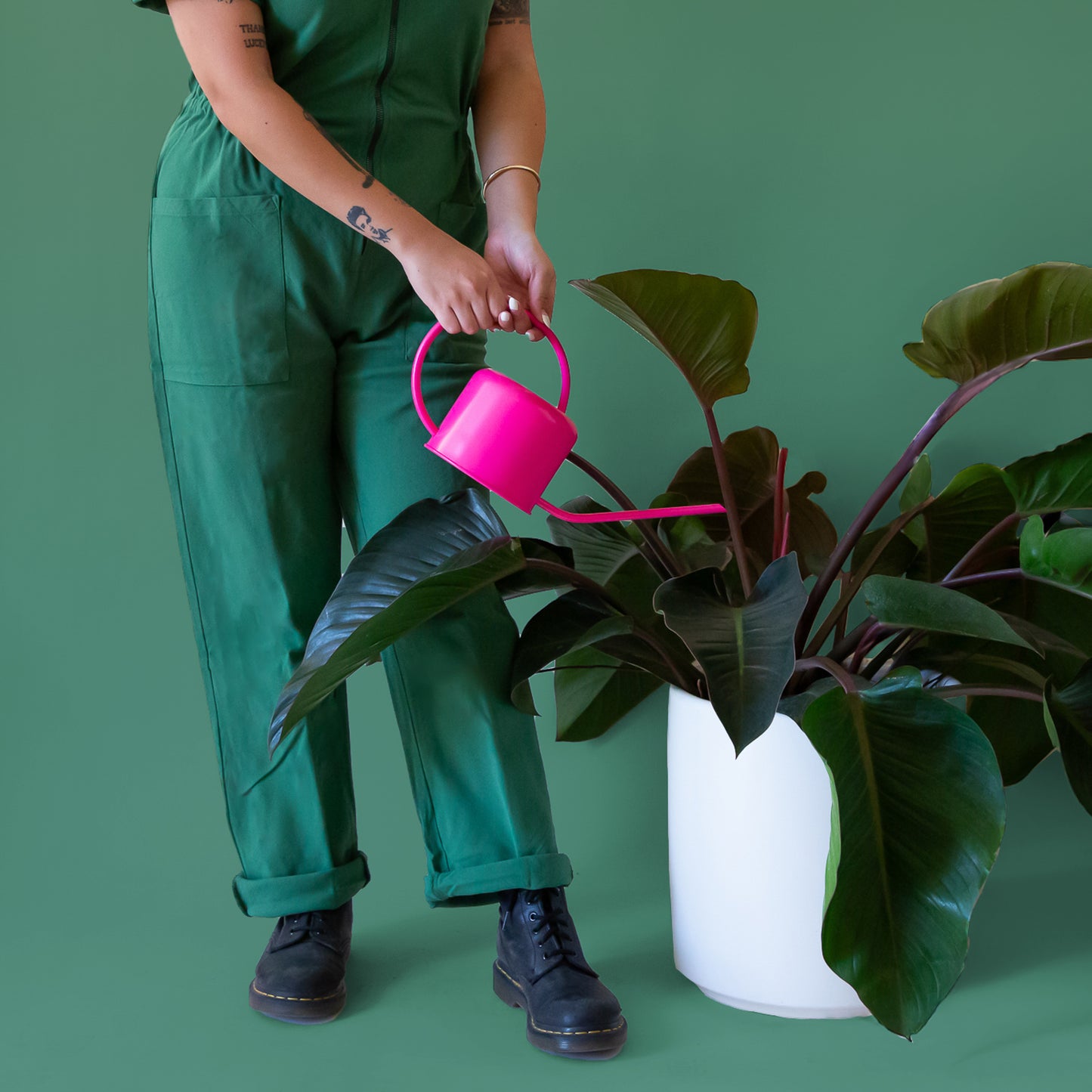 A hot pink metal watering can with a rounded handle and a long spout is held in hands pouring into a large leafy plant.  The person is wearing a green jumpsuit and the background of the image is all green.