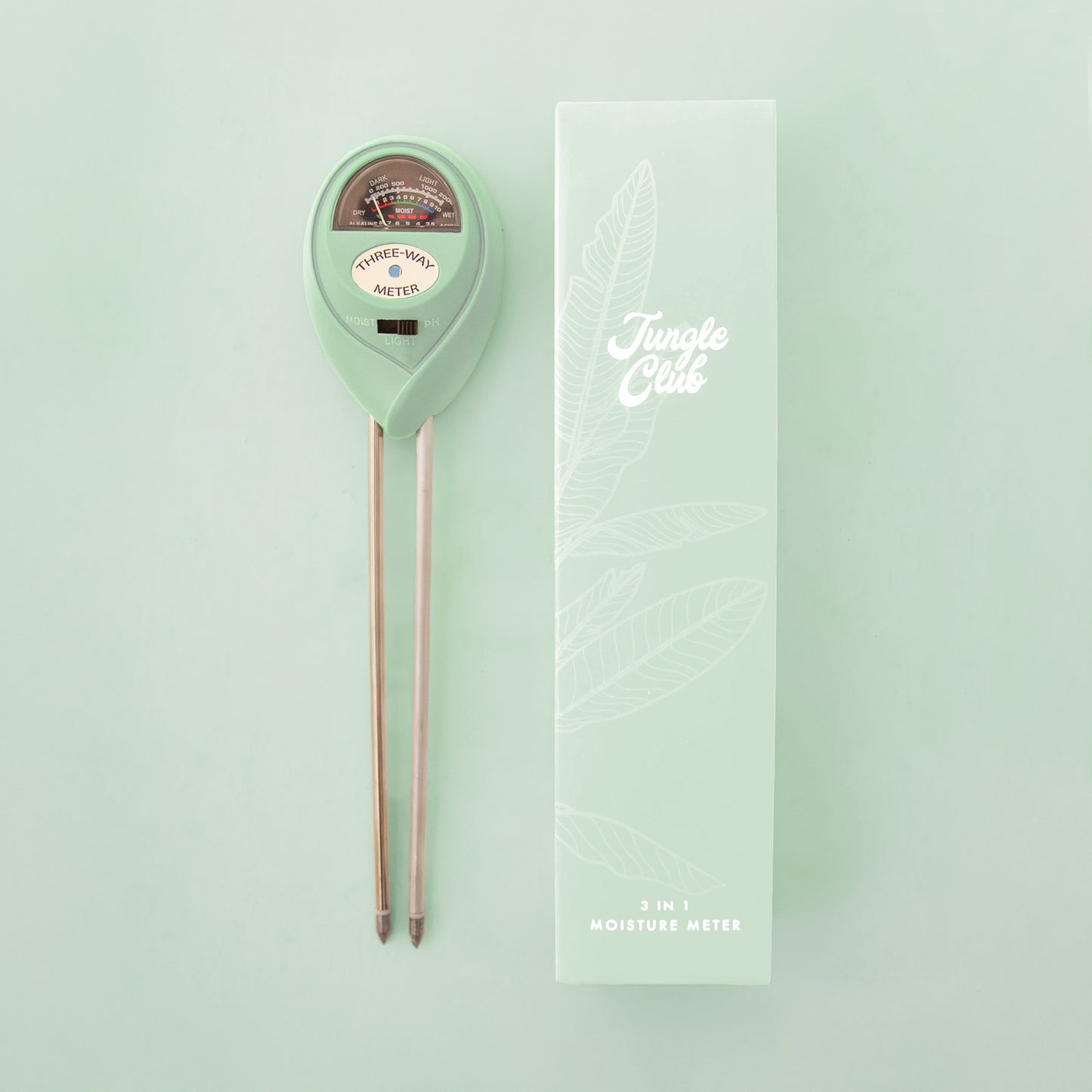 A turquoise blue moisture meter.