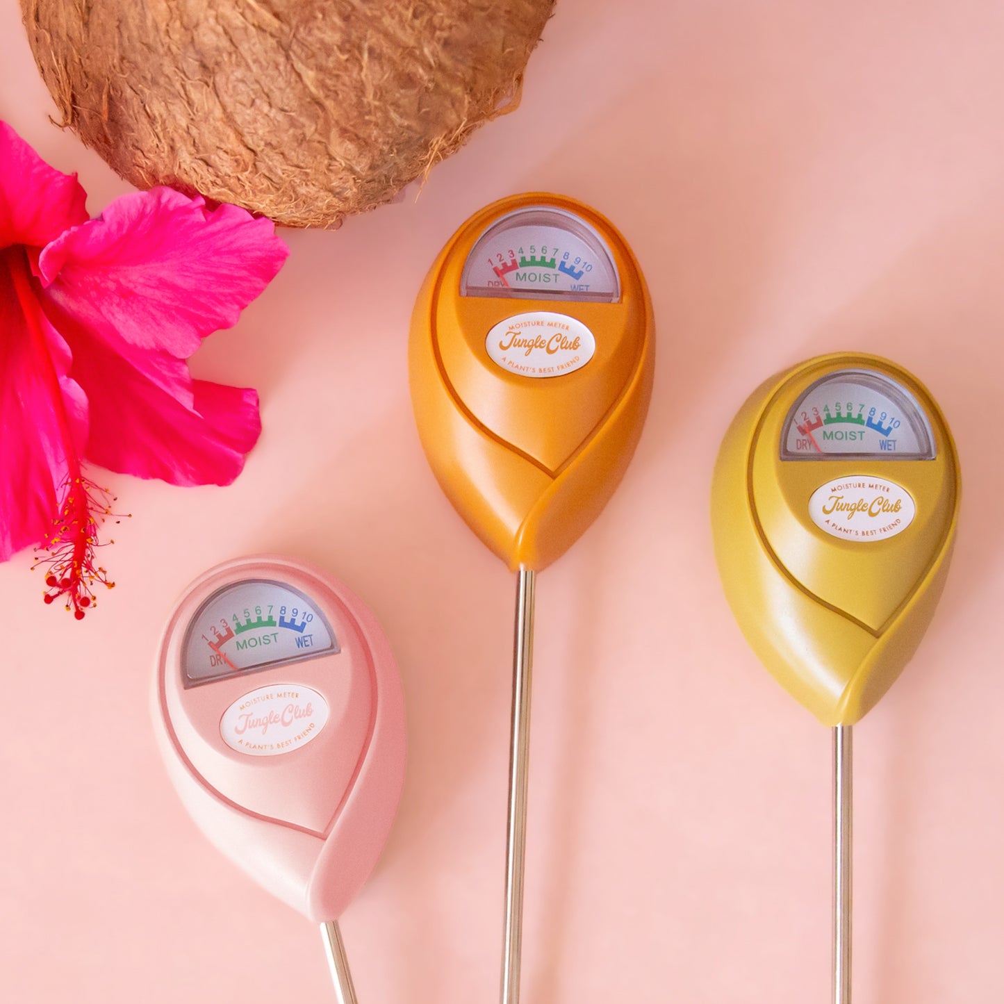 A light pink moisture meter.