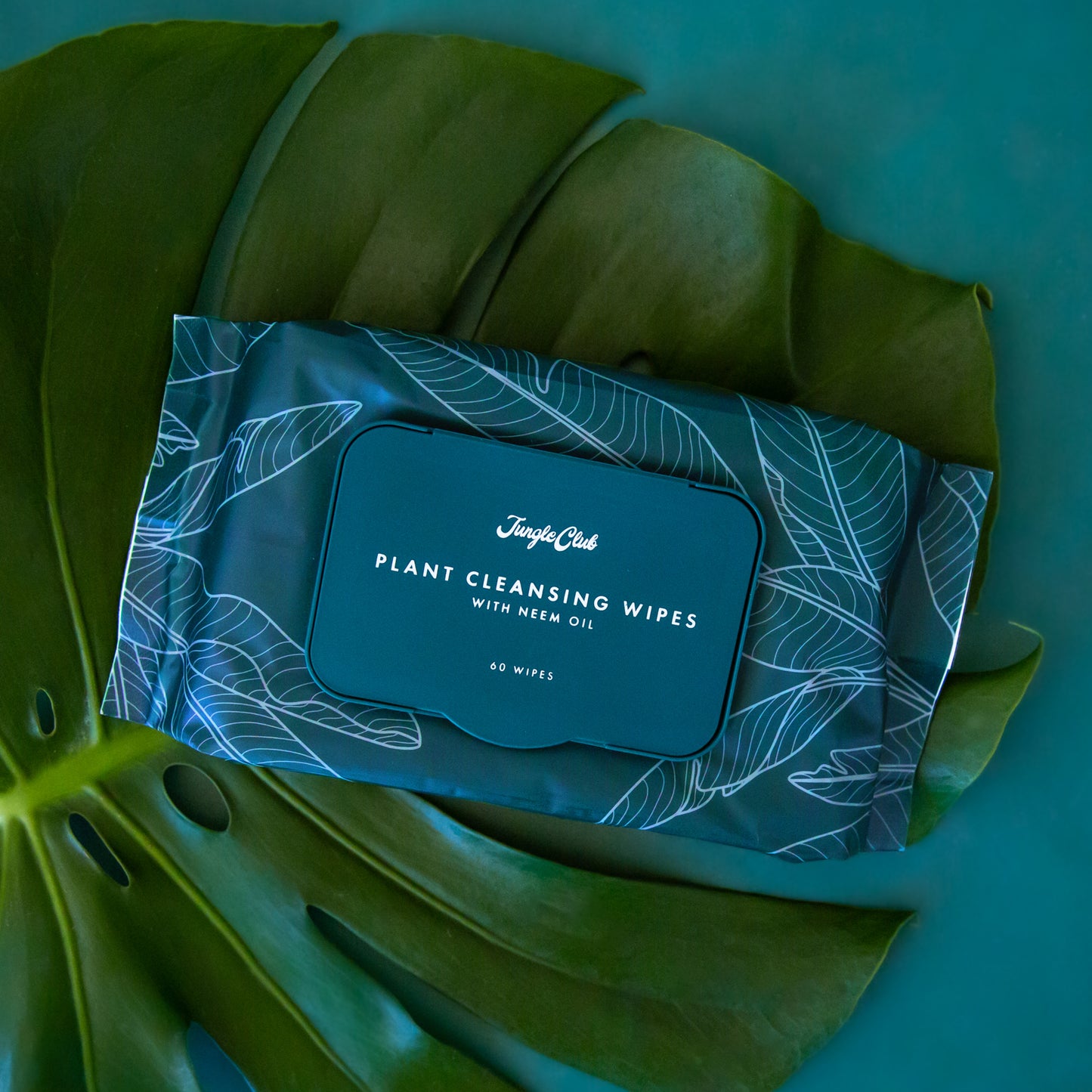 Dark teal package of cleansing wipes with white leaf detailing is shown against a blue background with green plant leaf.