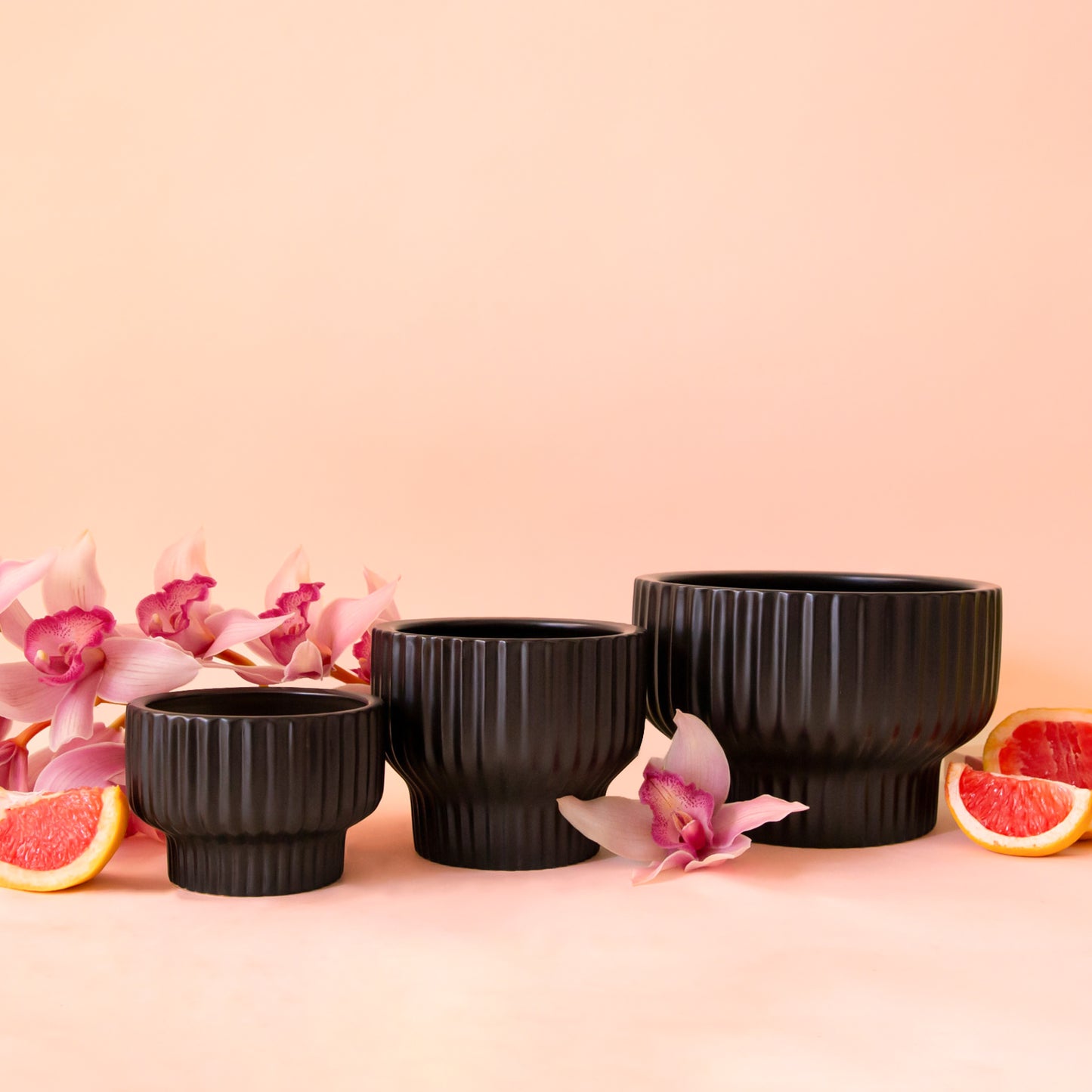 A ribbed black pedestal bowl planter.