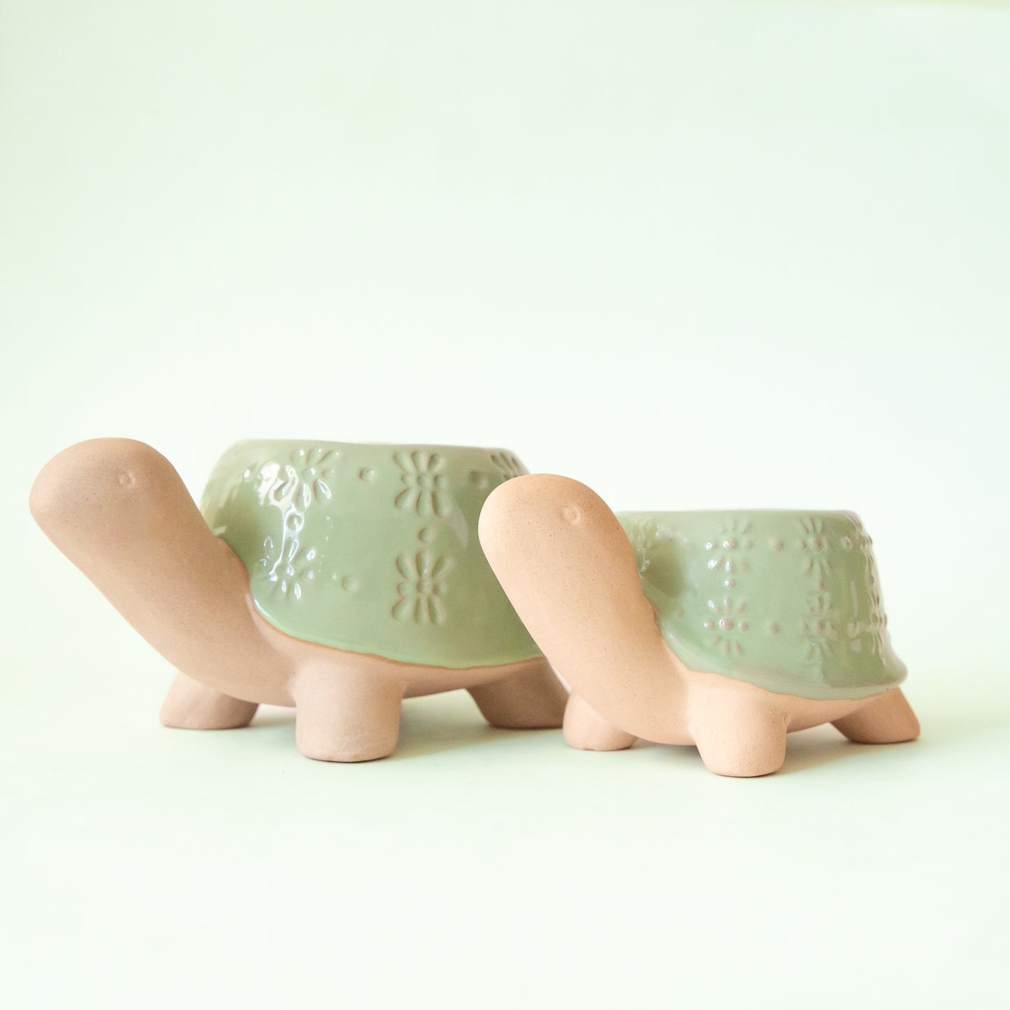 A set of ceramic turtle planters.