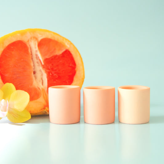 On a peachy background is tiny ceramic peach pots with a small succulent or cacti inside. 