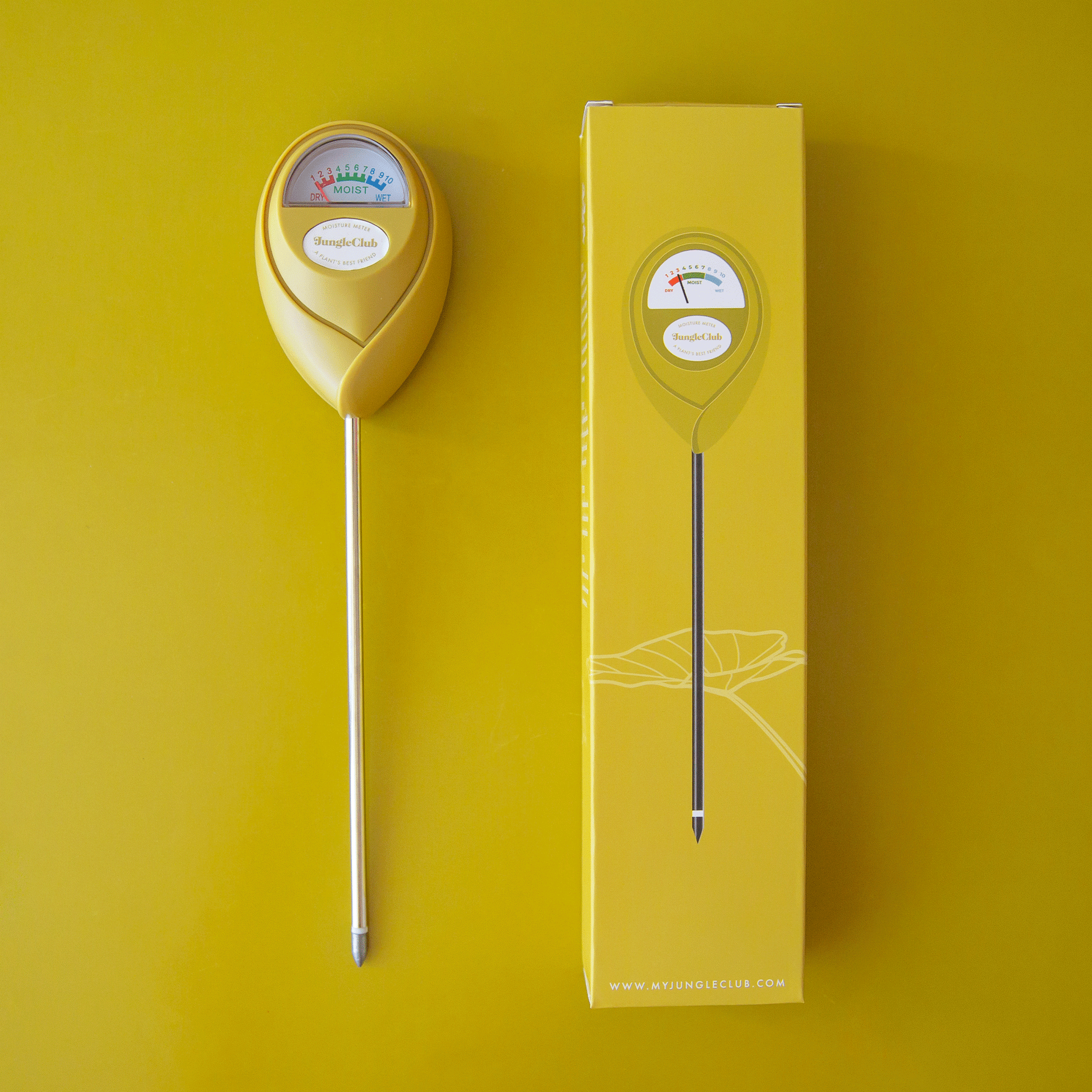 A chartreuse moisture meter with a rounded head and a white meter that ranges from dry, moist, or wet along with a small oval label in the front that reads, "Jungle Club".