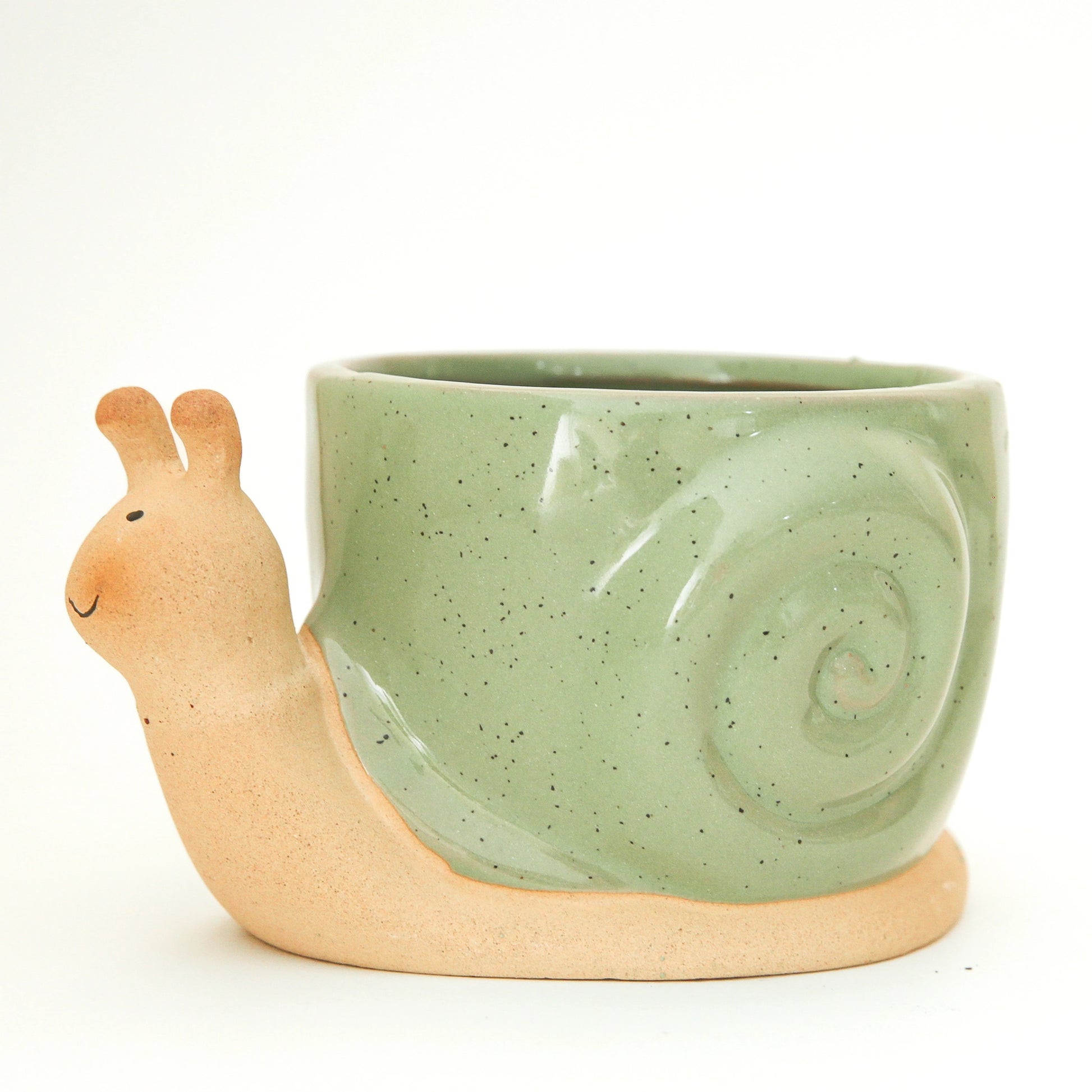 On a tan background is a ceramic planter in the shape of a snail with smiling face and a swirly green "shell".