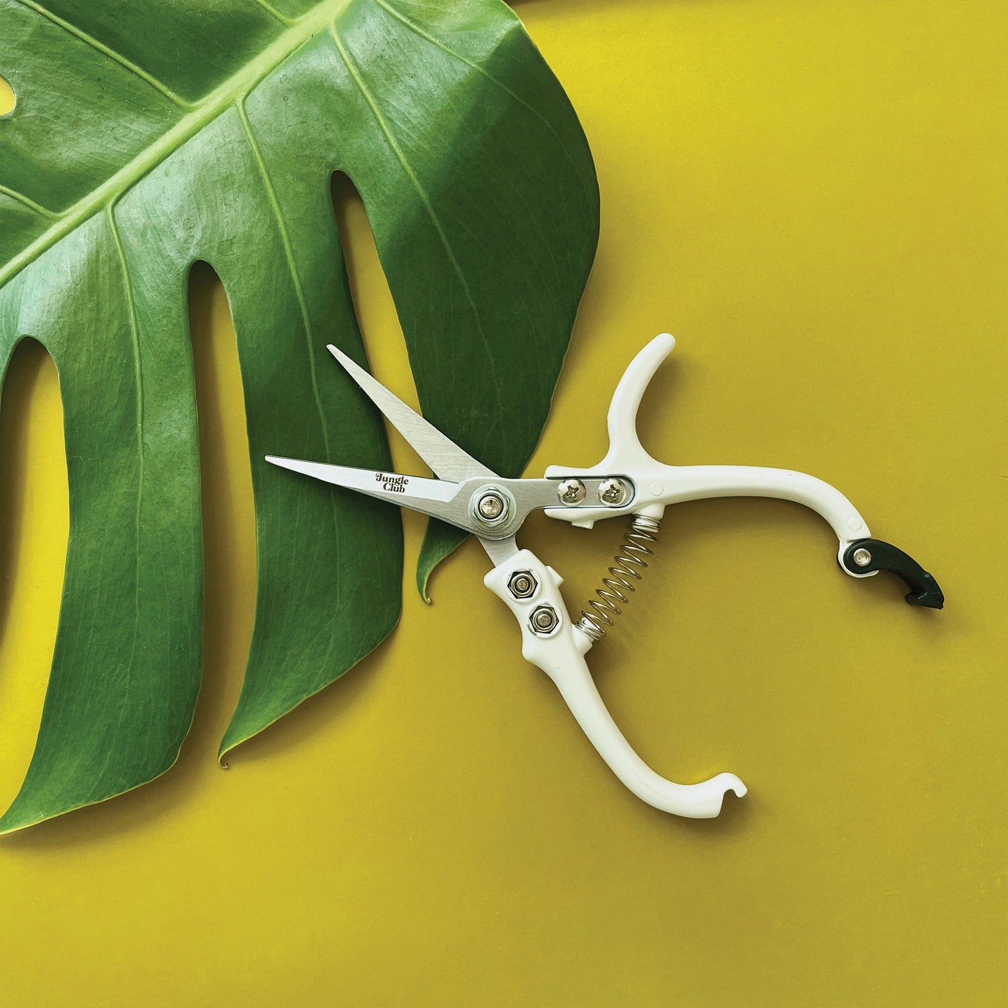 On a green background is a pair of pruning shears with white handles and pointed metal shears along with tiny black text that reads, "Jungle Club". 