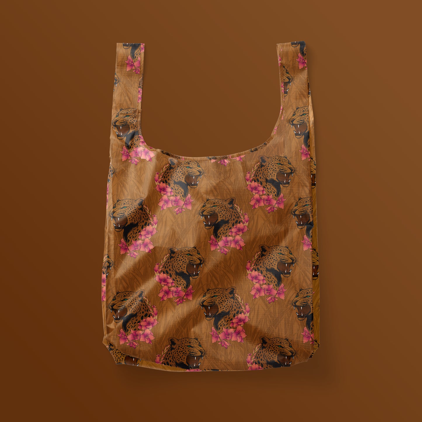 Brown reusable tote with leopards and pink florals. 