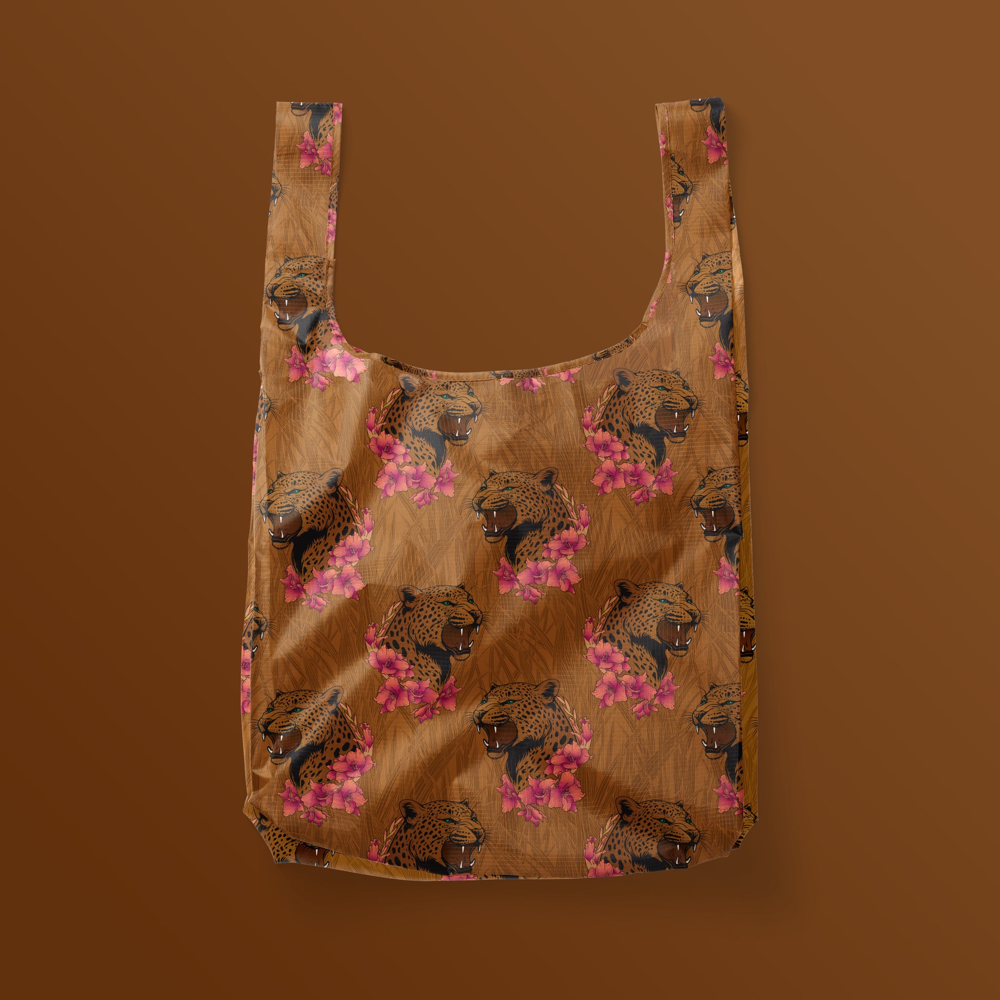 Brown reusable tote with leopards and pink florals. 