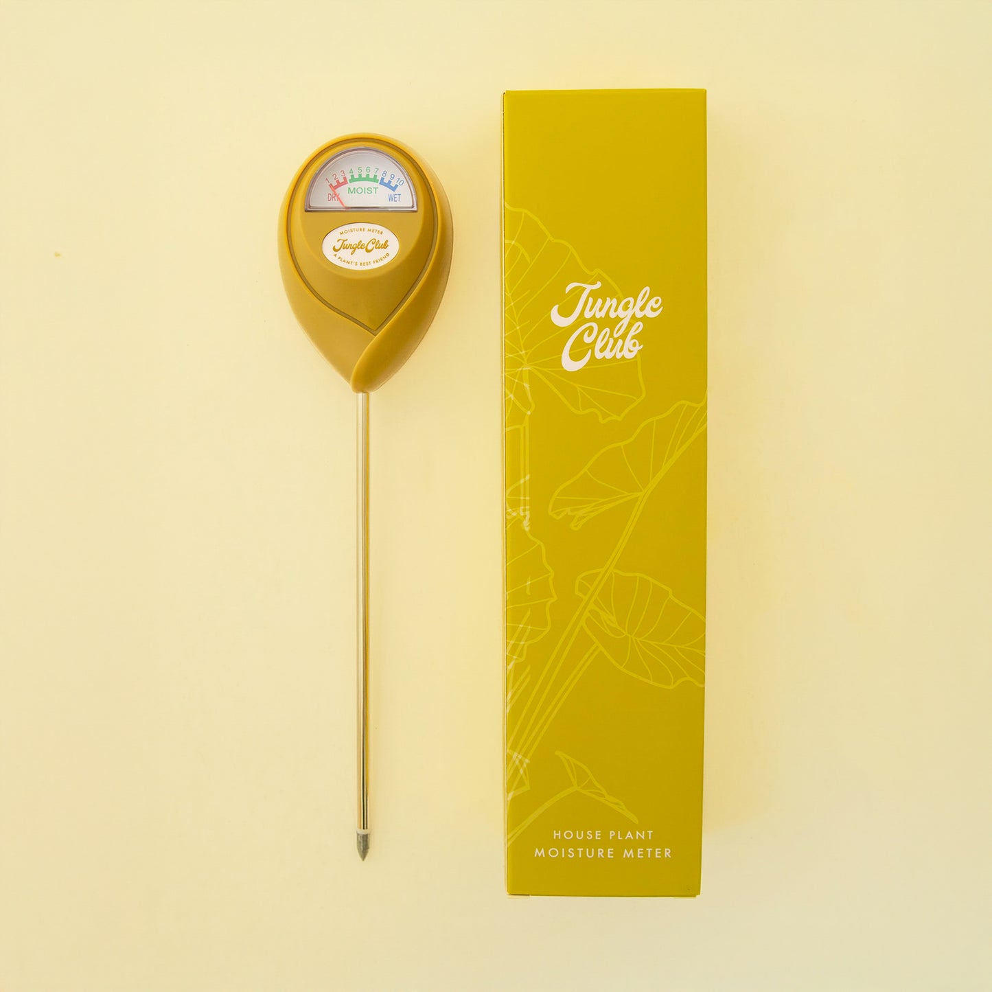 A chartreuse moisture meter with a rounded head and a white meter that ranges from dry, moist, or wet along with a small oval label in the front that reads, "Jungle Club".