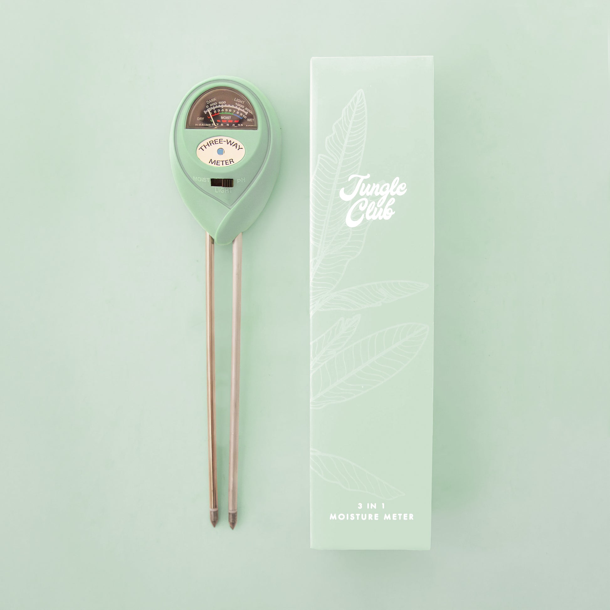 A turquoise blue moisture meter.