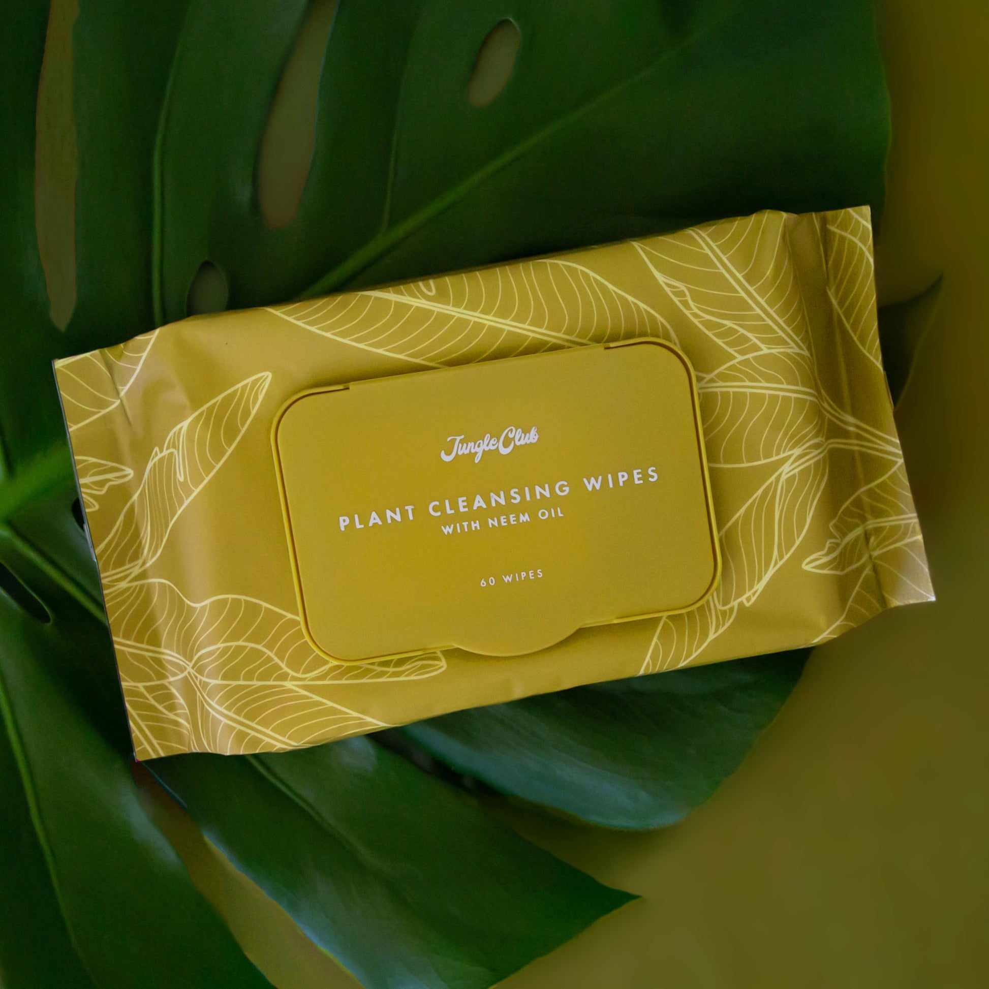 Green package of cleansing wipes with white leaf detailing is shown against a green background. 