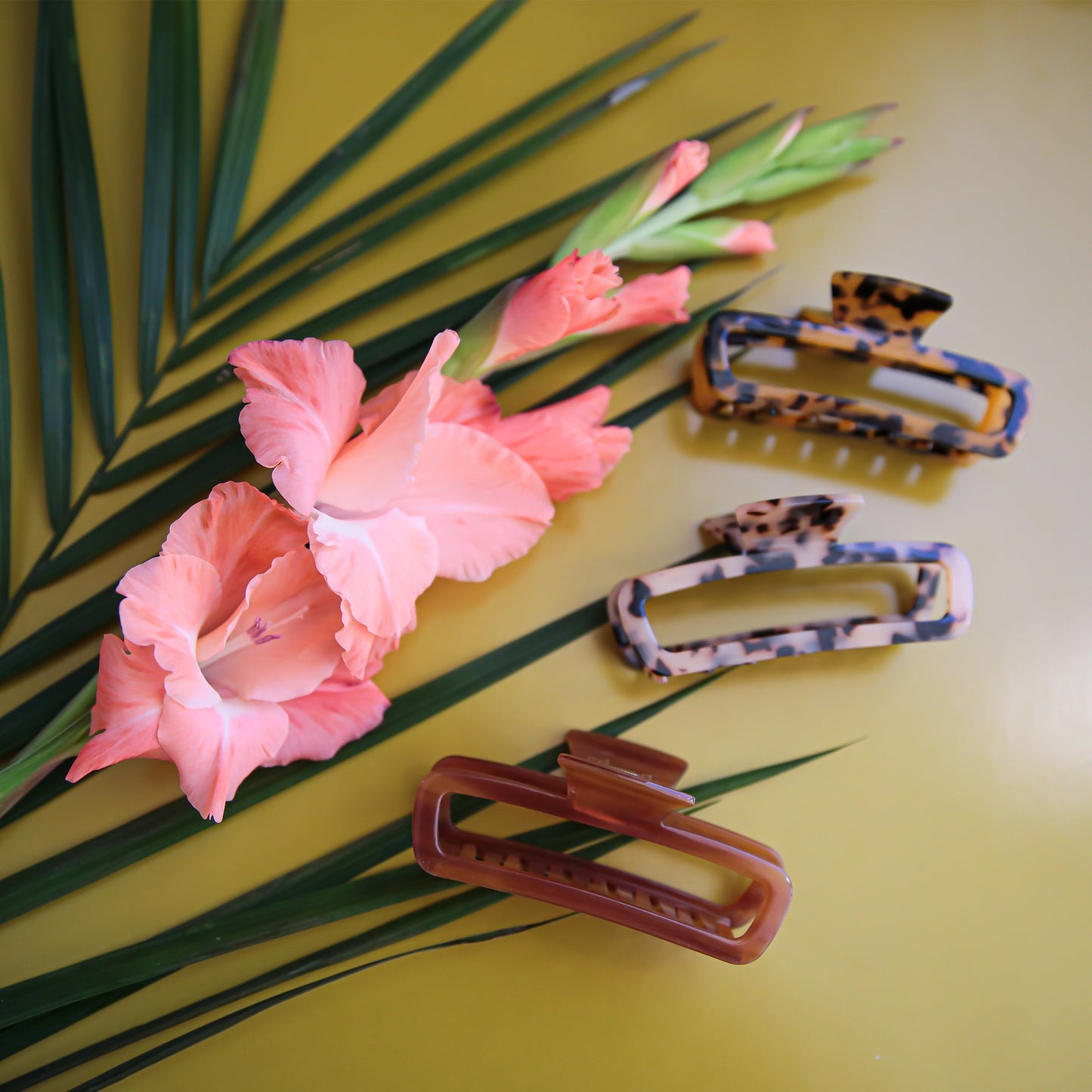 A photograph of all three color ways of the cabana hair claw photographed next to a tropical flower and a palm stem.
