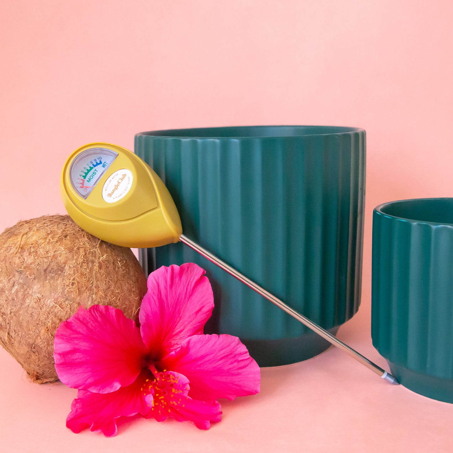 A chartreuse moisture meter with a rounded head and a white meter that ranges from dry, moist, or wet along with a small oval label in the front that reads, "Jungle Club".