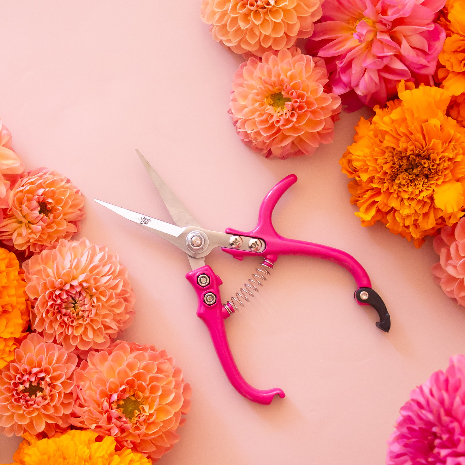 Bright pink pruning shears shown against a light pink background, surrounded by flowers.  