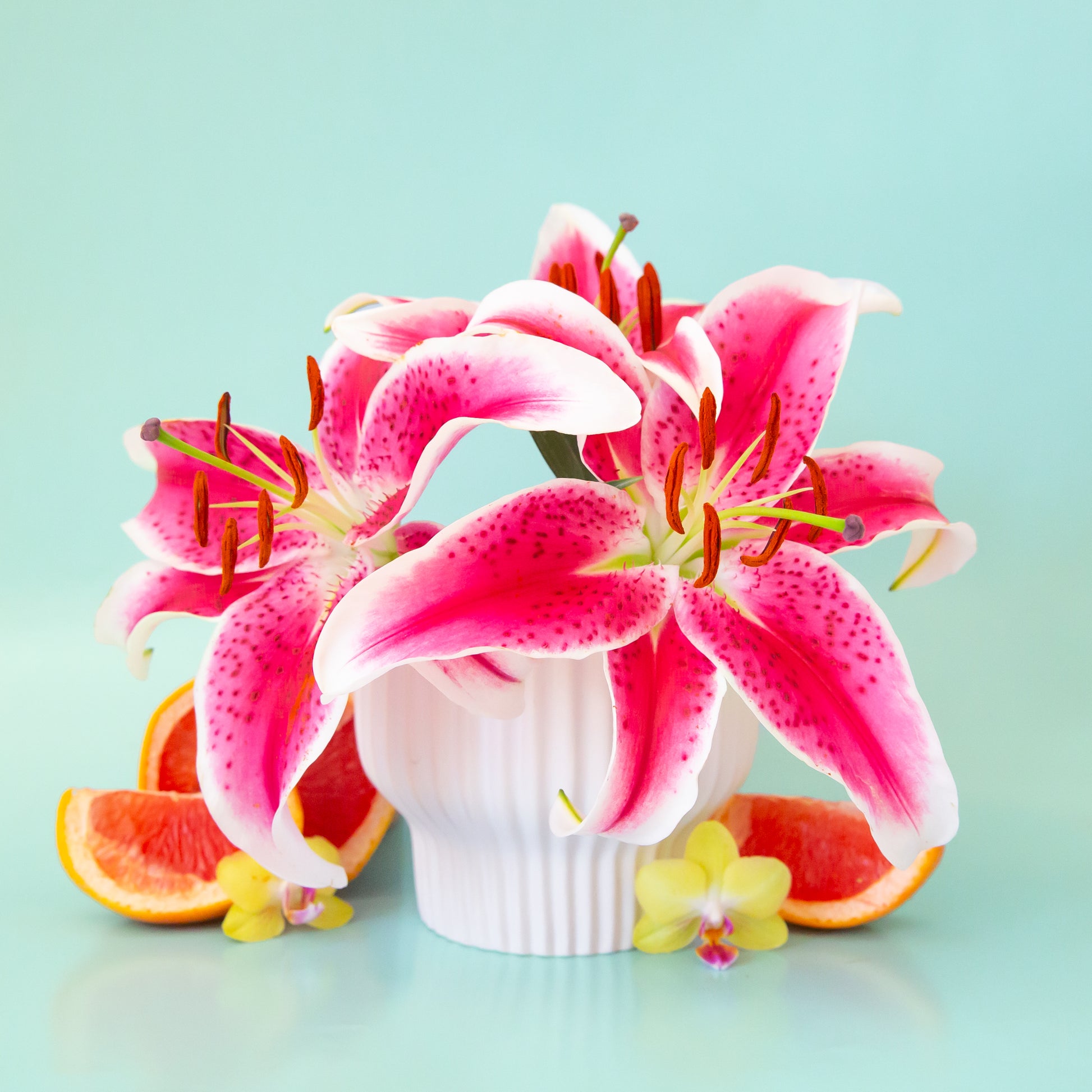 On a blue background is a white ribbed pedestal planter filled with lily flowers not included with purchase. 