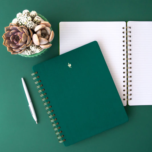 A teal colored journal with a snake motif in gold sits on a green background.