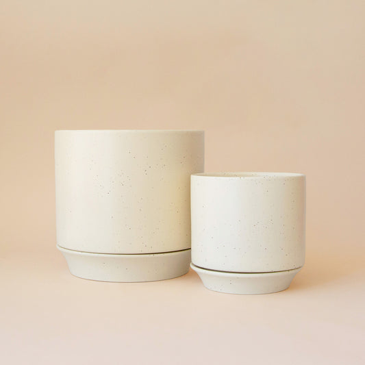 Two white pots with speckle detail on a peach background.