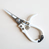 On a cream background is a white pair of pruning shears with silver metal and fixtures and small text on the metal part of the shears that reads, "Jungle Club" in small black letters. 