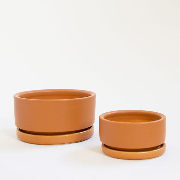 On a white background is two different sized orange, low-profile ceramic planters.