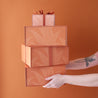 On an orange background is four light orange gift boxes stacked on top of one another with white bird of paradise outline designs.