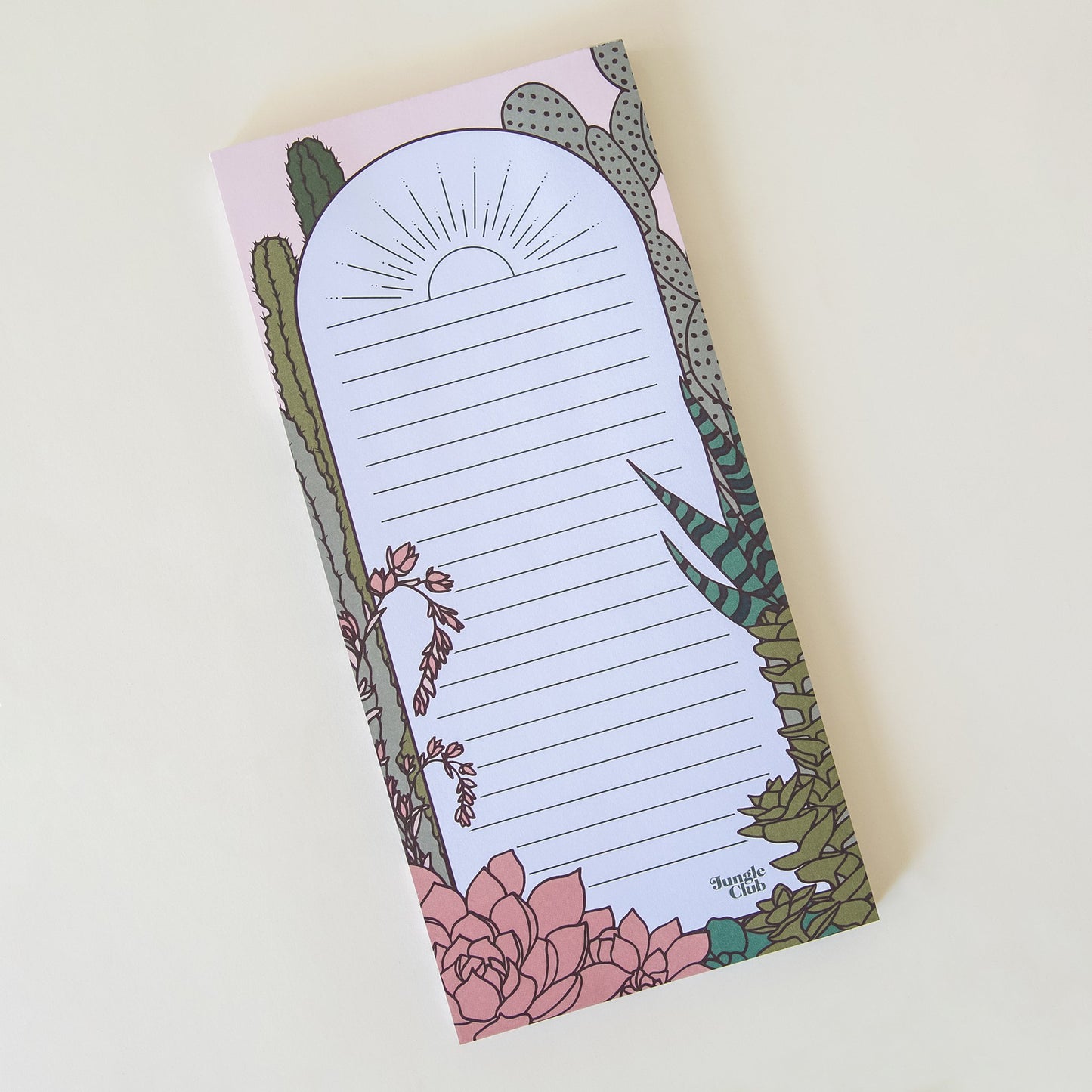 This rectangular notepad is filled with horizontal lines and outlined in a deep green border, accented by an array of natural, soft toned cacti and succulent plants.