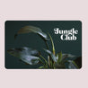 On a light pink background is a dark green gift card with a dark leafy house plant photo on the front along with white text in the top right corner that reads, "Jungle Club".
