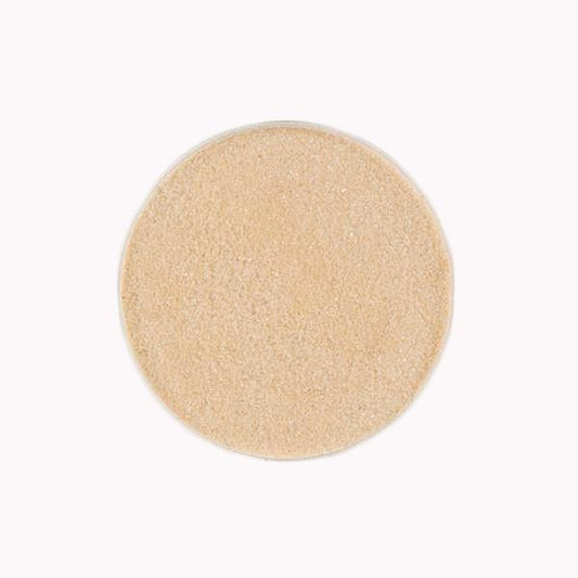 On a white background is a round container filled with tan terrarium sand. 